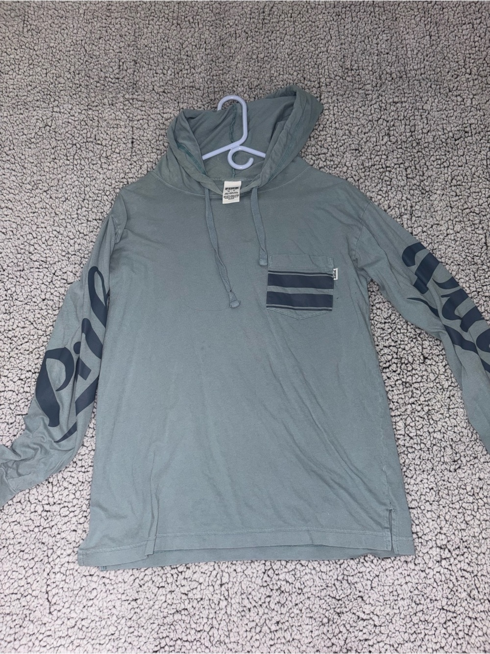 PINK Victoria's Secret Sage Green Hooded Long Sleeve Pullover with Navy Accents